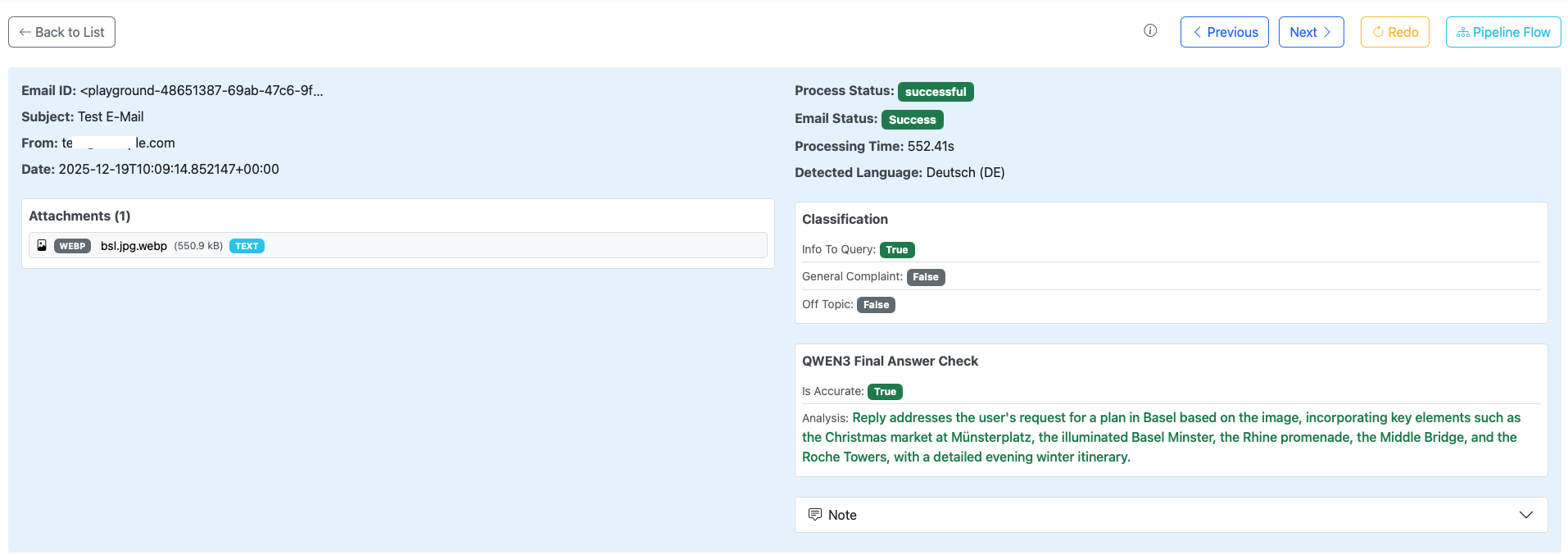 Kontrollansicht einer einzelnen E-Mail-Antwort mit Regelprüfung