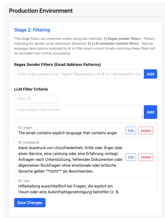 Filter- und Regelkonfiguration der Email Pipeline
